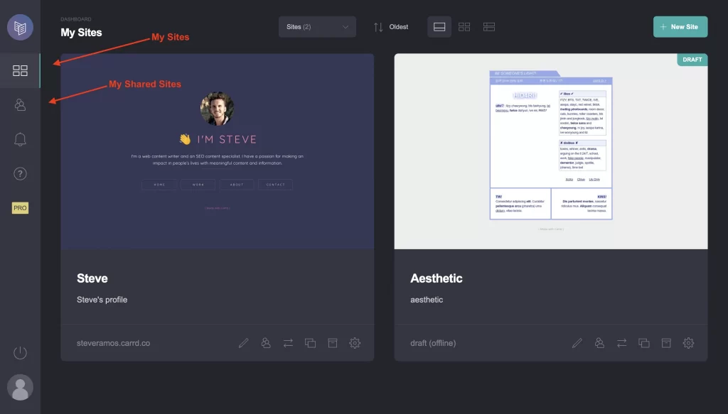 My Sites and My Shared Sites on Carrd